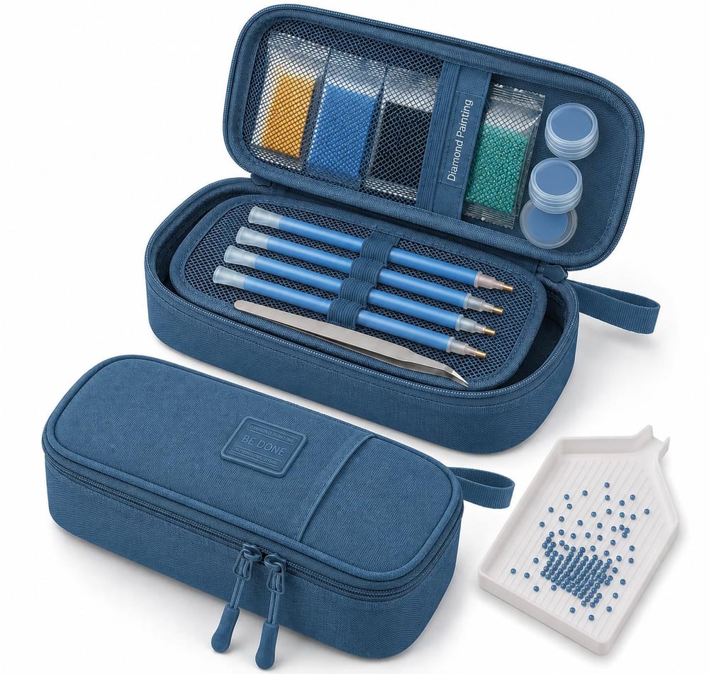 Diamond painting tool case, open — holding drill and wax pens, tweezers, a tray, and labelled drill bags in mesh pockets.