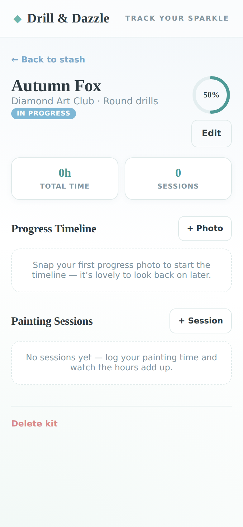 A kit detail screen showing progress ring, hours, photo timeline, and drill colour notes.